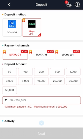 💥Step 1: Select the Maya method and choose the appropriate payment channel.